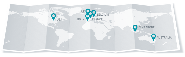 Eskers worldwide network of production facilities for document processing located in France, Belgium, Spain, the U.K., the U.S., Australia and Singapore - Esker Mail Service Solution